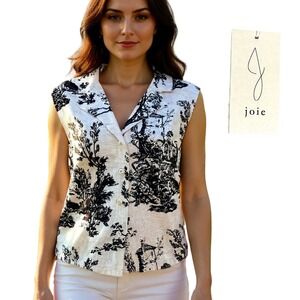 Joie 100% Linen Sleeveless Button Top NWT Women Medium EU Flax Black Toile Print